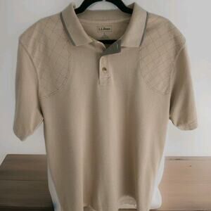 LL Bean Short Sleeve Golf Polo Shirt 100% Cotton Khaki L